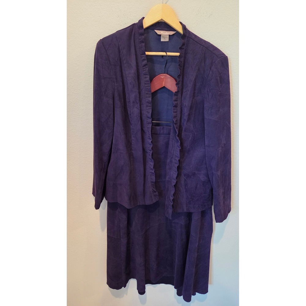 TanJay Skirt Suit Faux Suede Ruffle Open Jacket Midi Skirt Purple Office 14-16